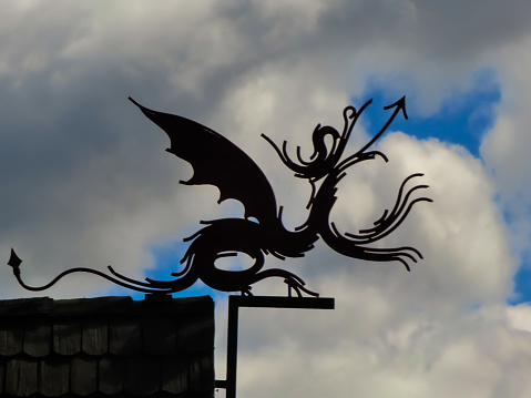metallic dragon on the roof of a cabin