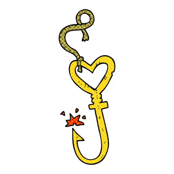 Vector illustration of freehand drawn cartoon love heart fish hook