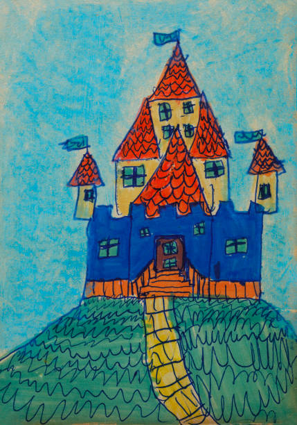 Blue fairy tale castle painted with ballpoint pen and colored pencils. Child drawing (made by the photographer) at the age of 5 years.