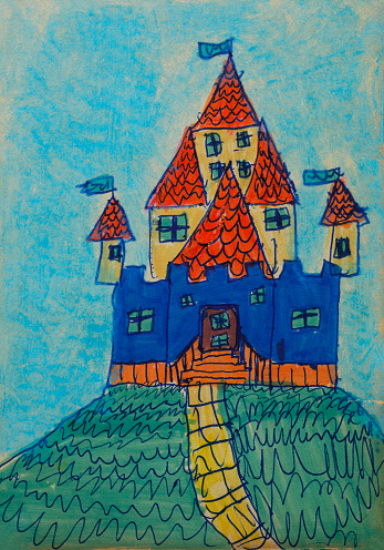 Blue fairy tale castle painted with ballpoint pen and colored pencils. Child drawing (made by the photographer) at the age of 5 years.