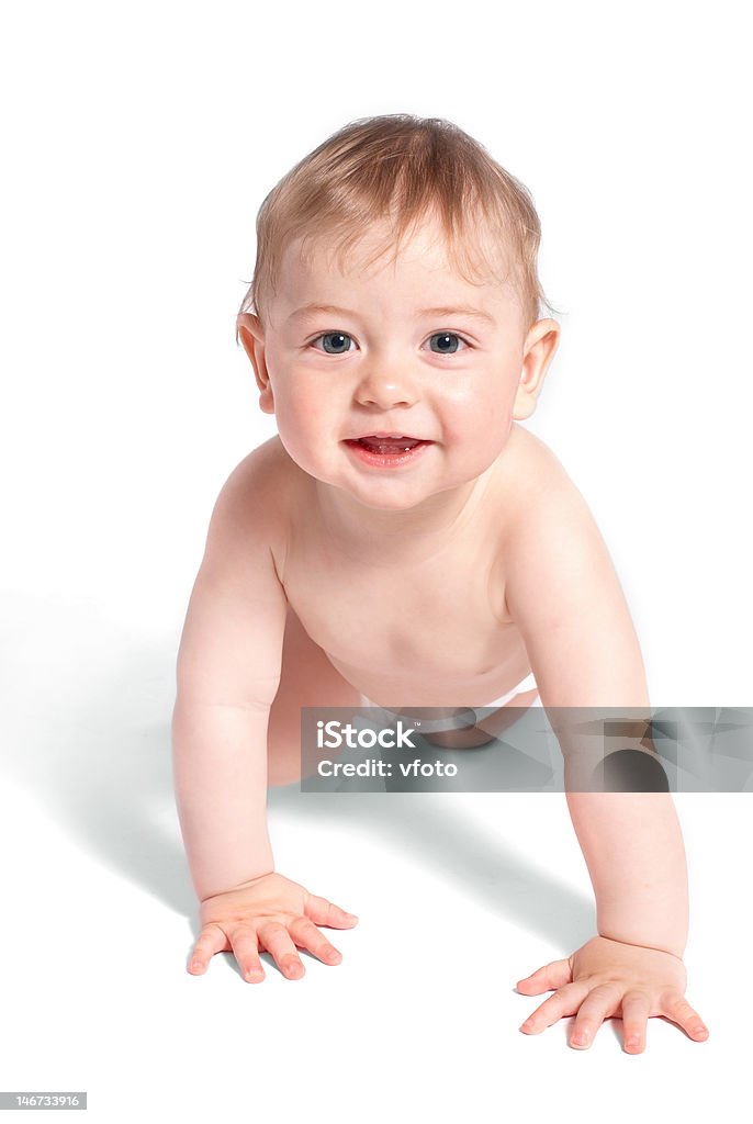 Cheerful baby creeps on white Beautiful cheerful baby creeps on white Baby - Human Age Stock Photo