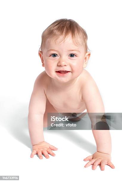 Cheerful Baby Creeps On White Stock Photo - Download Image Now - Baby - Human Age, Backgrounds, Beautiful People