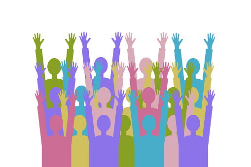 People, team, crowd.A group of people of different colors with raised hands as a symbol of joy, unity, protest, strength, victory, success.Isolated background.Vector illustration
