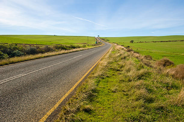 Deserted country-road running through green fields stock photo