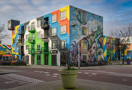 Amsterdam, The Netherlands, 09.02.2023, Multi colored facade of apartment building in south-east Amsterdam