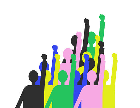A group of people of different colors raised their hands with fists up. The concept of victory, unity, revolution, struggle, cooperation. Flat illustration. Isolated background.Veector