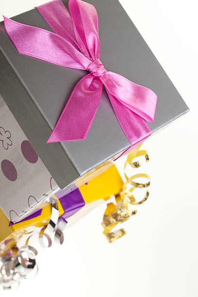 Various gift boxes with bow and ribbon stock photo