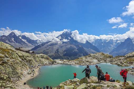 Chamonix, France- August 25, 2022: The scenic view of Lac Blanc. Lac Blancs in Chamonix France, One of the most popular destinations for hikers in Chamonix.