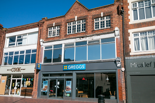 Greggs Bakery on Tonbridge High Street in Kent, England. This is a commercial venue.