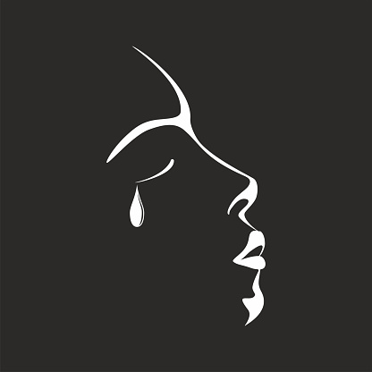 Profile, silhouette with tear falling from eye. Black and white. Vector illustration.