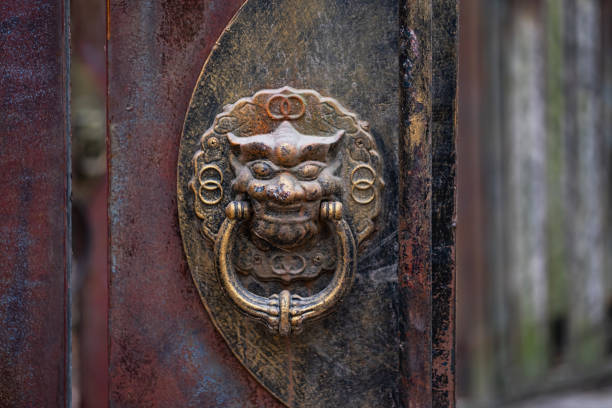 istock Dragon head door knocker, close up. Antique Chinese handle knocker. 1467348676