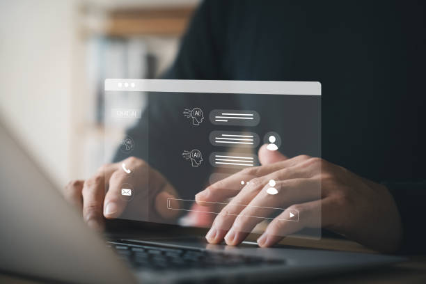 istock Concept Humans work together with artificial intelligence, humans use intelligent AI technology to solve problems in different ways, feeding AI commands to help solve problems that humans can't solve. 1467351439