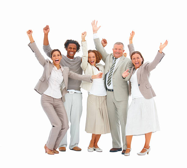 istock Excited business colleagues standing against white background 146735163