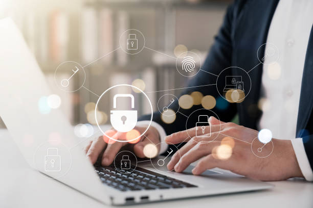 Cybersecurity and privacy concepts to protect data. Lock icon and internet network security technology. Businessmen protecting personal data on virtual interfaces. stock photo