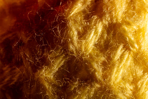 A macro close-up of a soft and vibrant multi-colored yarn texture. The fibers of the yarn appear to be slightly tangled, creating a unique and dynamic pattern. The colors range from earthy hues to bright, electric shades, creating an inviting contrast. The yarn is illuminated by warm light, giving the texture a comfortable and inviting look.