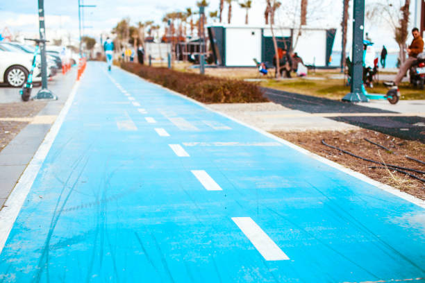 blue bike path stock photo