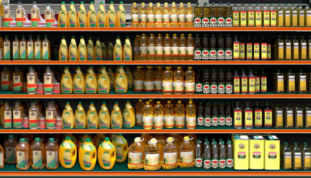 Cooking oil on shelf.at grocery store Suitable for presenting new products and new packaging among many others. palm fiber stock pictures, royalty-free photos & images
