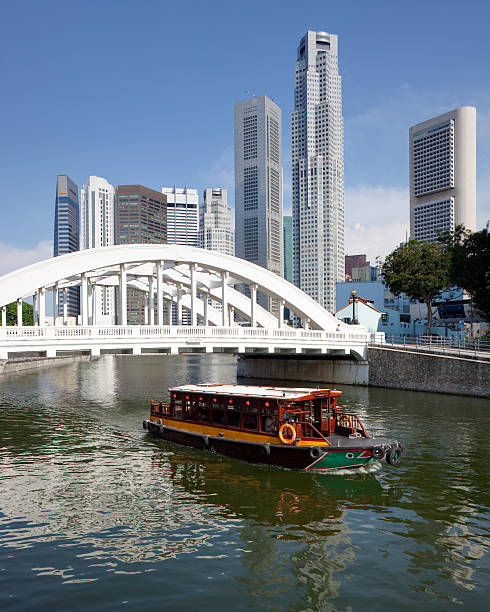 Skyline of Singapore financial district framed by Elgin Bridge and the Singapore River
