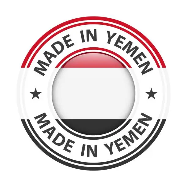 Vector illustration of Made in Yemen badge vector. Sticker with stars and national flag. Sign isolated on white background.