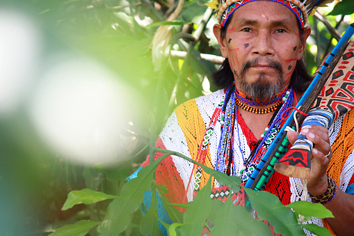 The image was made in a private wooded site in São Paulo, SP, Brazil - 24 November, 2011 with natives known as Katukinas, a South American tribe from Acre. A male Indian Katukina is standing in front of a landscaping, his face  painted with urucum and he wears ethinic clothing.