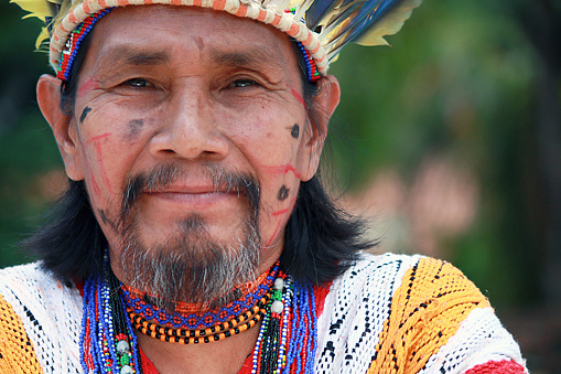 The image was made in a private wooded site in São Paulo, SP, Brazil - November 24, 2011 with natives known as Katukinas, a South American tribe from Acre. A portrait of a male Indigenous Katukina looking at the camera and similing, his face is painted and he wears ethinic clothing.