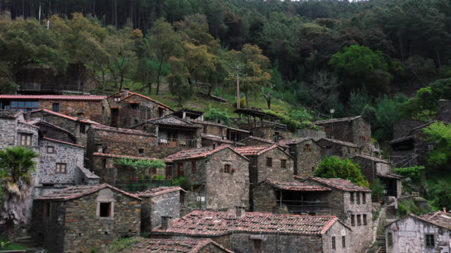 Aerial images of schist houses of small village situated at Serra da Lousã, unique cultural landscape in Central Portugal