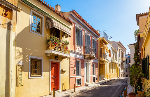 Plaka, Historical neighborhood in Athens, Greece. Residential Homes in a colorful street.