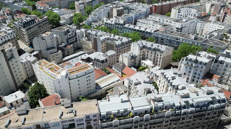 Paris city with Judicial Court in background, France. Aerial drone panoramic view