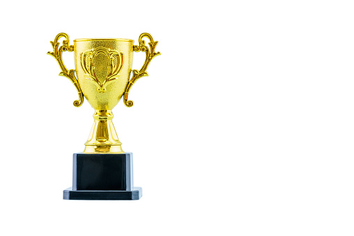 Golden trophy cup, dual handle neo-classic, isolated on white. Trophy is a tangible, durable reminder of a specific achievement, serves as recognition or evidence of merit, awarded for sporting events