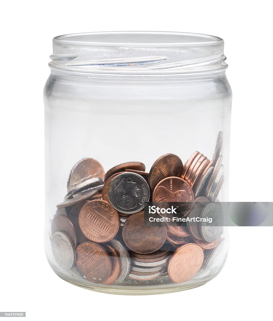 change jar A jar of loose change on a pure white background with clipping path Coin Stock Photo