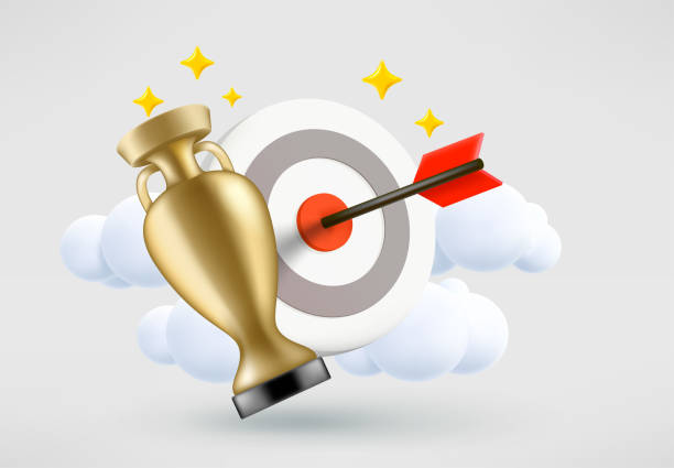 istock Shoot on goal concept. Target, dart and golden trophy. 3d vector illustration 1467375893