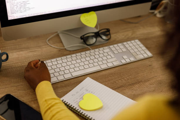 Close up shot of unrecognizable young woman sitting at her desk at the office and applying a sticky note with a reminder on her desktop computer.