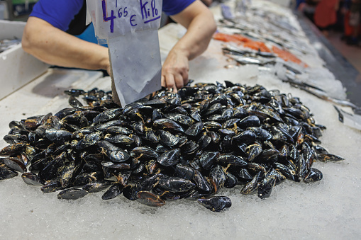 Many Freshly Caught Dates or Mussels displayed on a Market Stall.