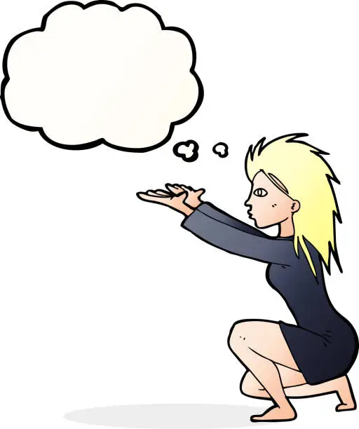 Vector illustration of cartoon woman casting spel with thought bubble