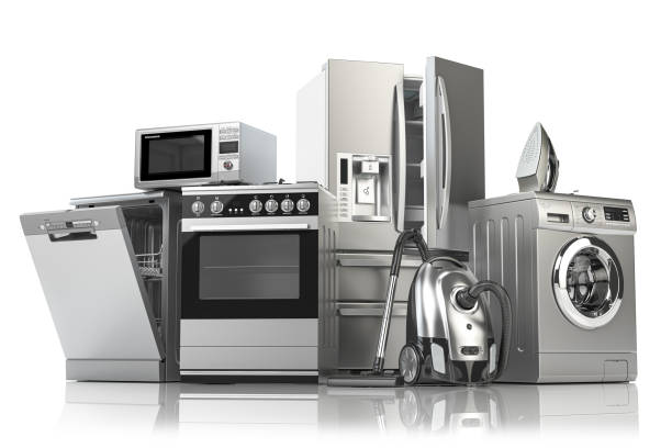 istock Home appliances. Household kitchen technics isolated on white background. Fridge, dishwasher, gas cooker, microwave oven, washing machine vacuum cleaner air conditioneer and iron. 1467377904