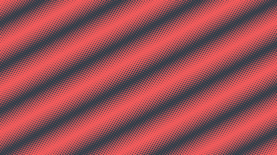 Pop Art Dots Wavy Halftone Pattern Tilted Lines Vector Textured Red Dark Blue Abstract Background. Dot Work Design Contrast Graphic Subtle Striped Texture. Half Tone Minimalist Art Wallpaper