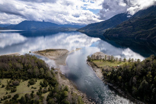 River leading on Maihue lake on a cloudy day in Los Rios region, southern Chile