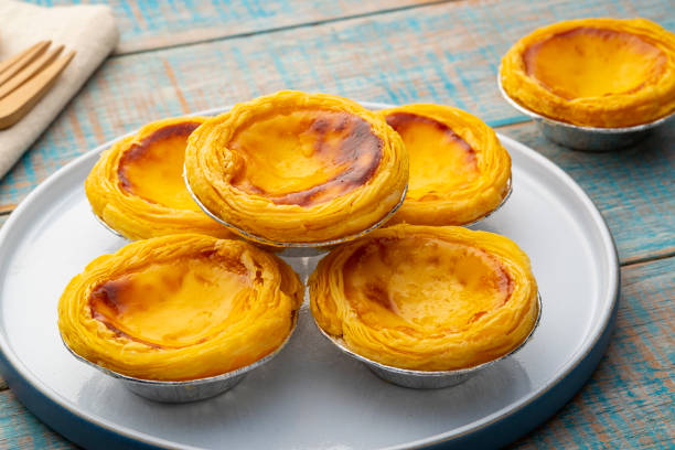 istock Egg custard tart dessert on white plate 1467378526