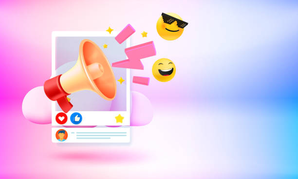istock Yellow megaphone with social media announce. 3d vector banner with copy space 1467382872
