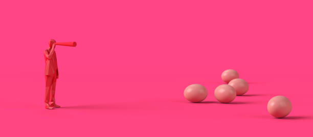 istock Man with spyglass looking for easter eggs. 3D illustration. Copy space. 1467386312