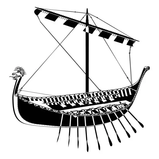 Vector illustration of Drakkar. Viking rowing Ship in outline style. Norman ship sailing.