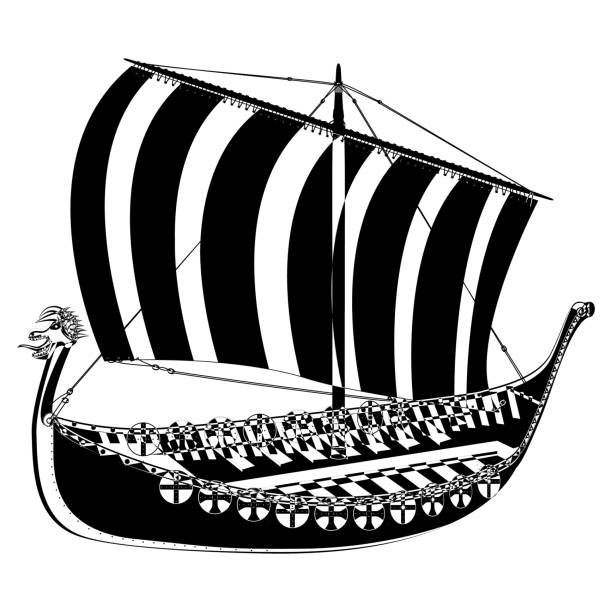 istock Viking scandinavian draccar in outline style. Norman ship sailing. 1467386983