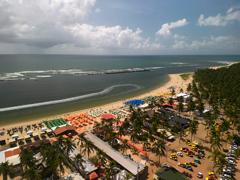 Aerial view of Gunga beach on the southern coast of the state of Alagoas in northeastern Brazil