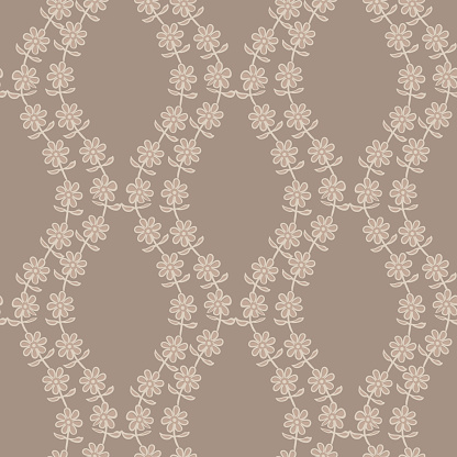 Beige ogee foliage vector seamless pattern background with hand drawn ornamental leaves. Neutral elegant geometric foliage deocrative backdrop. Botanical lattice repeat for flyer, packaging, template.