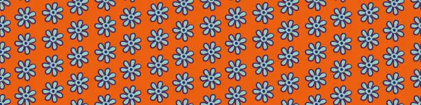 Vector illustration of Wildflower seamless vector seamless border. Tropical neon orange blue naive meadow flowers banner. Hand drawn line art outline botanical design. Garden flower cottagecore aesthetic for packaging