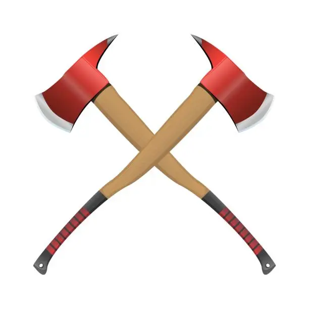 Vector illustration of Firefighter crossed axe in realistic style. Red Hatchet. Red fire ax firefighter rescue equipment.