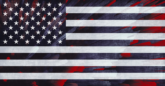 Old grunge vintage wavy American US national flag background on anti slip embossed metal steel plate texture