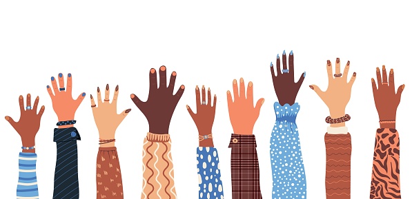 Group hands up of diverse people. Concept of volunteerism, diversity, multi-ethnicity, equality, racial and social issues. Vector illustration