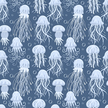 Seamless pattern with colorful jellyfishes. Marine dwellers. Concept of sea and ocean life. Modern print for fabric, textiles, wrapping paper. Vector illustration