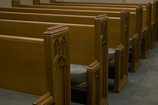 Row of wooden church pews